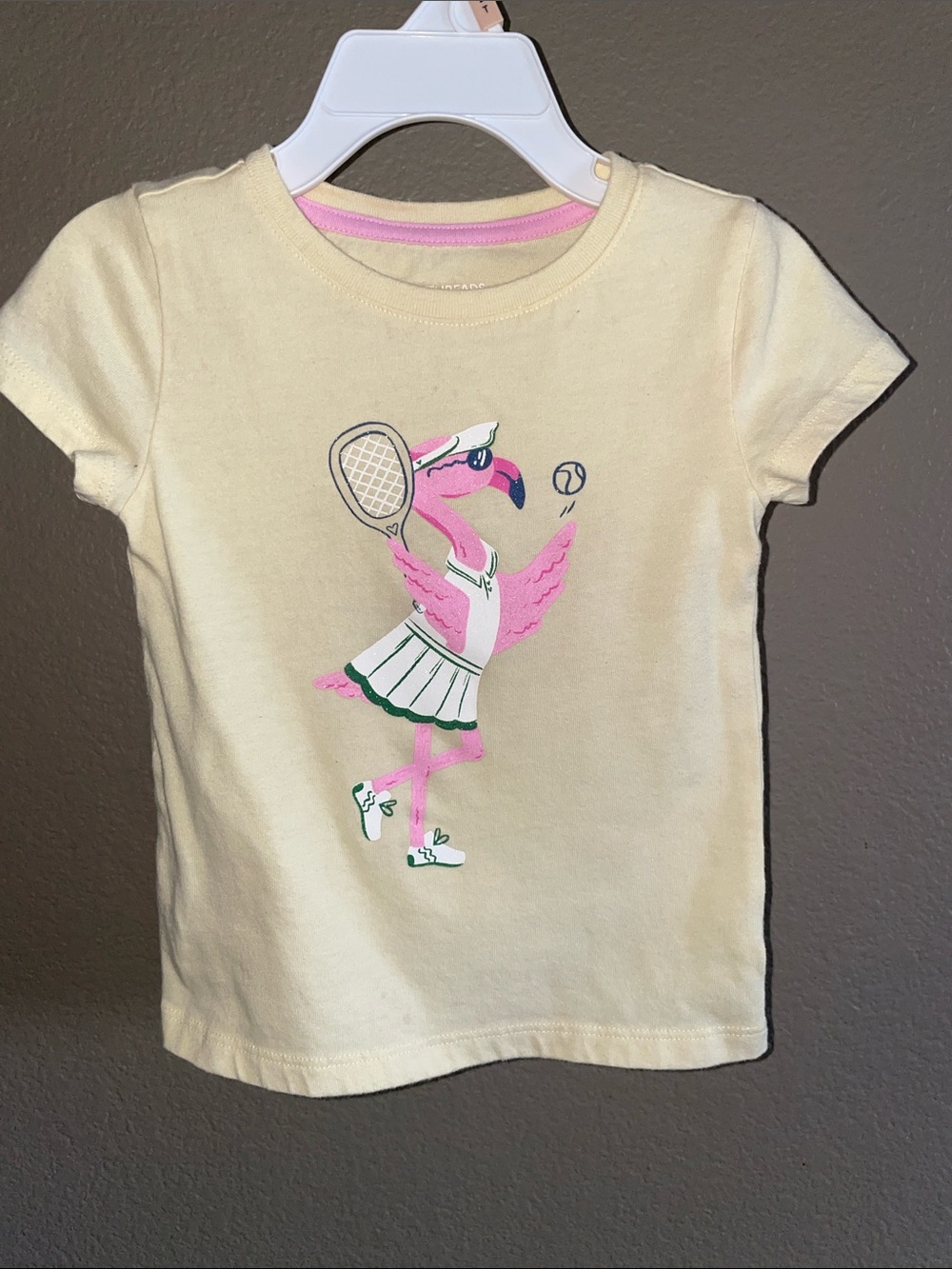 Epic Threads light Yellow  Tee with Pink Flamingo Tennis Graphic